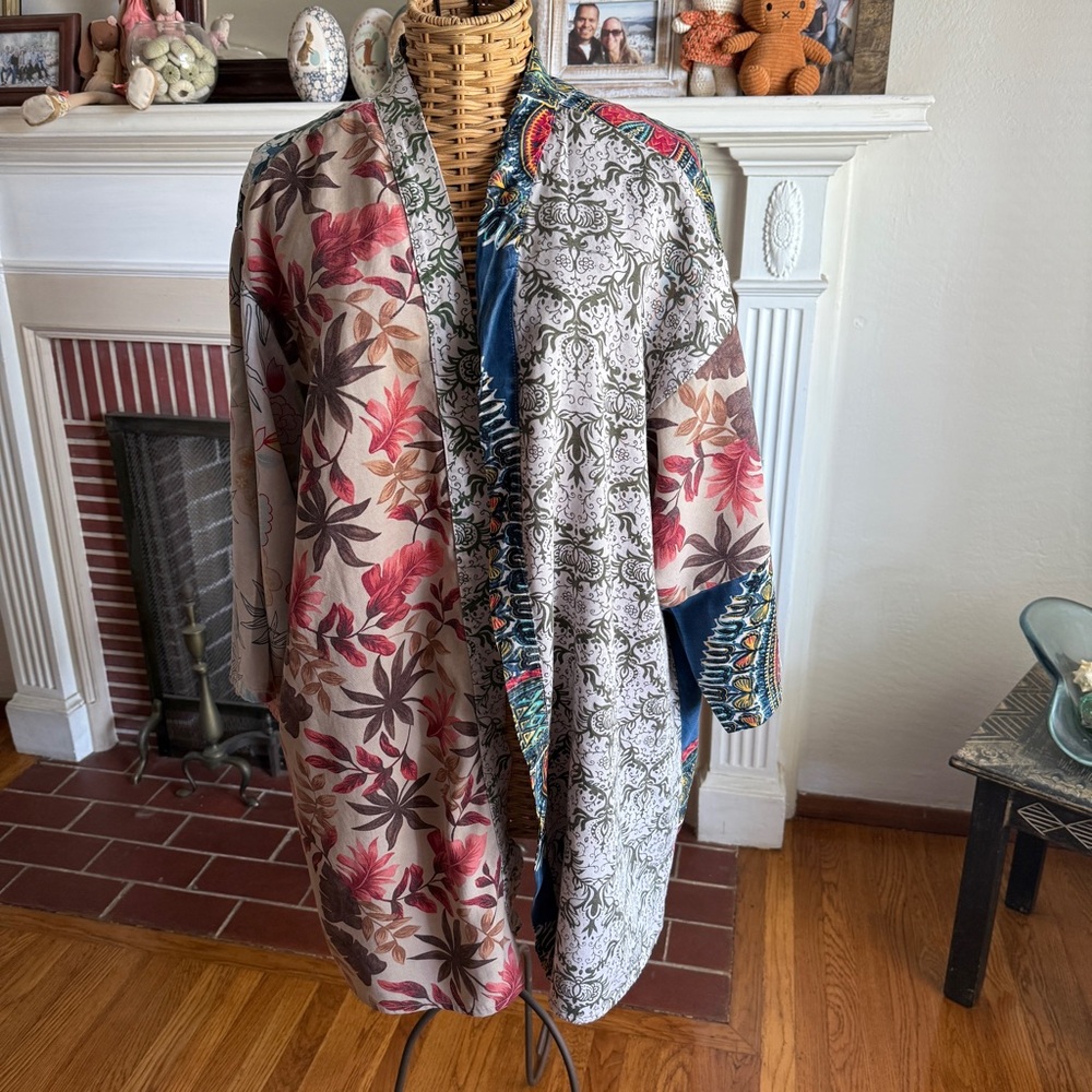 Citron floral patchwork rayon kimono lounge coverup robe One Size
